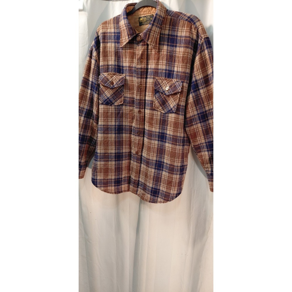 Vintage KMart Plaid Flannel Shirt Large Brown Button Up Board Shirt Wool 70s